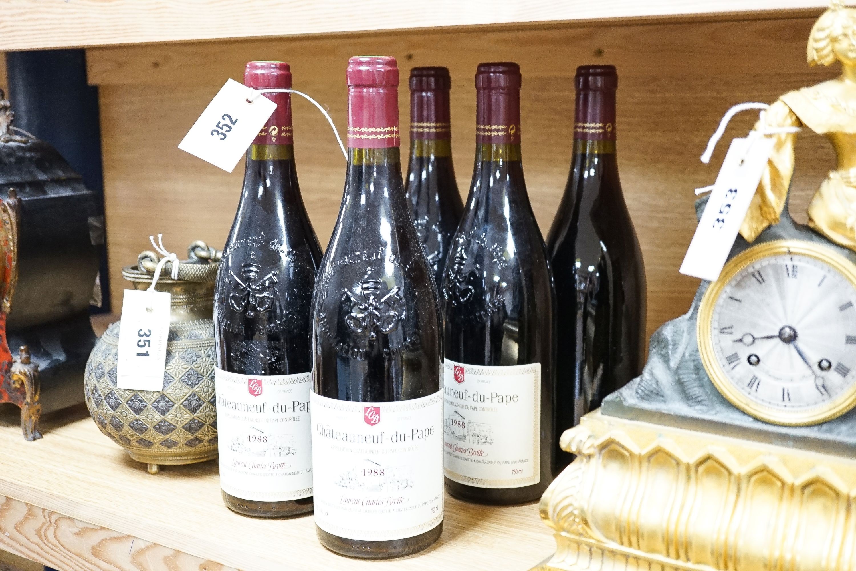 Five bottles of Laurent Charles Brotte Chateauneuf du Pape, 1988, 75cl.